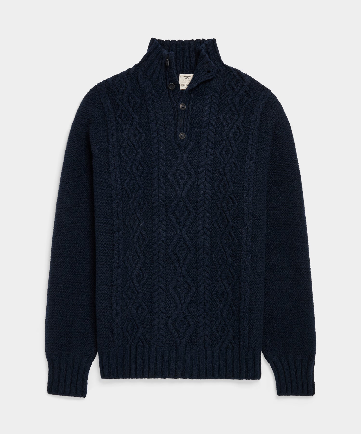 TS X Inis Meáin 50-Year Aran Mockneck Sweater in Navy Donegal