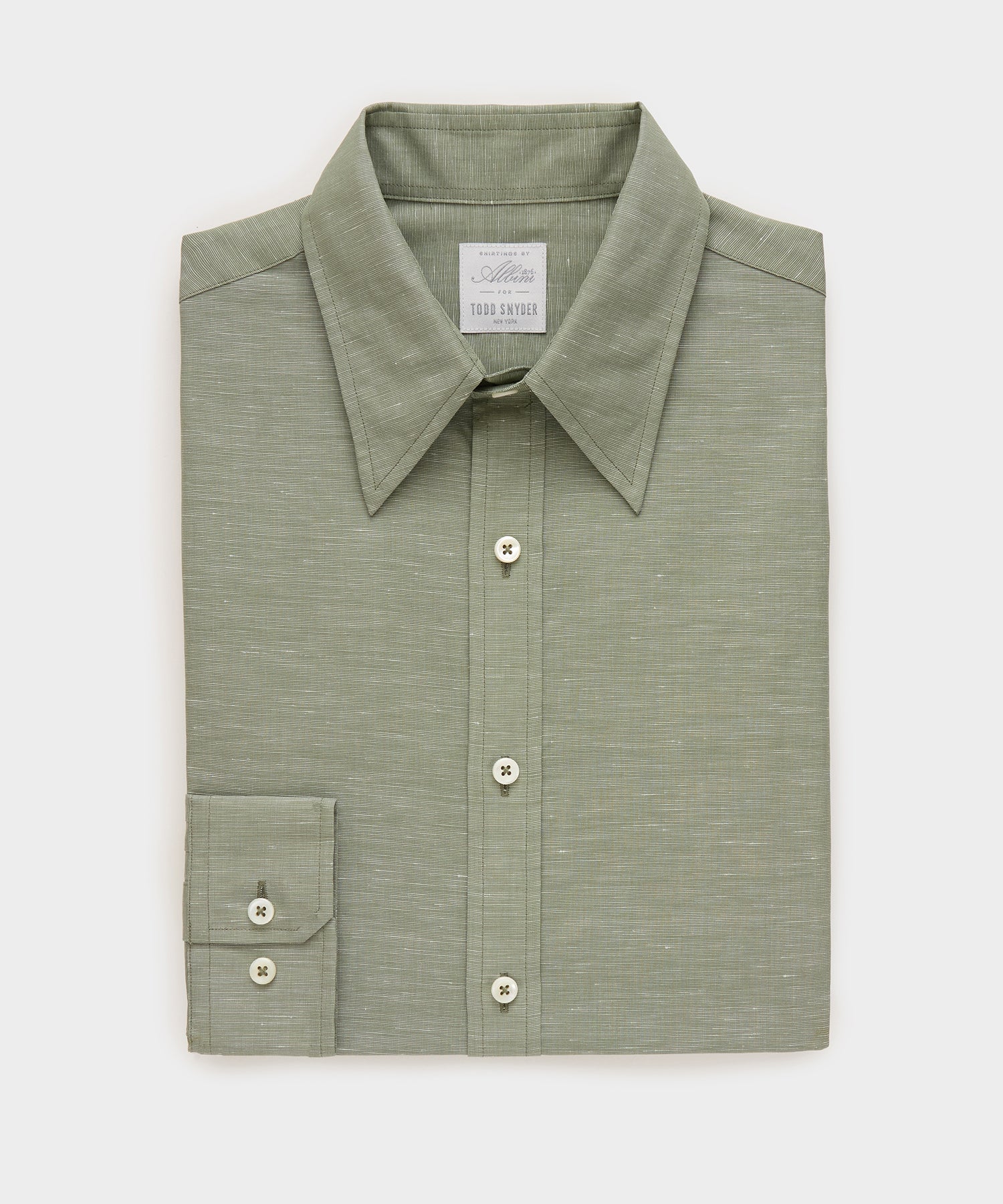 Men's Italian Cotton-Linen Long Point Collar Dress Shirt in Olive, Size 17.5