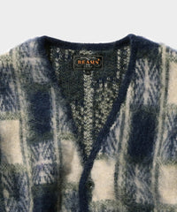 BEAMS Plus Cardigan Double Jacquard Check Pattern in Navy