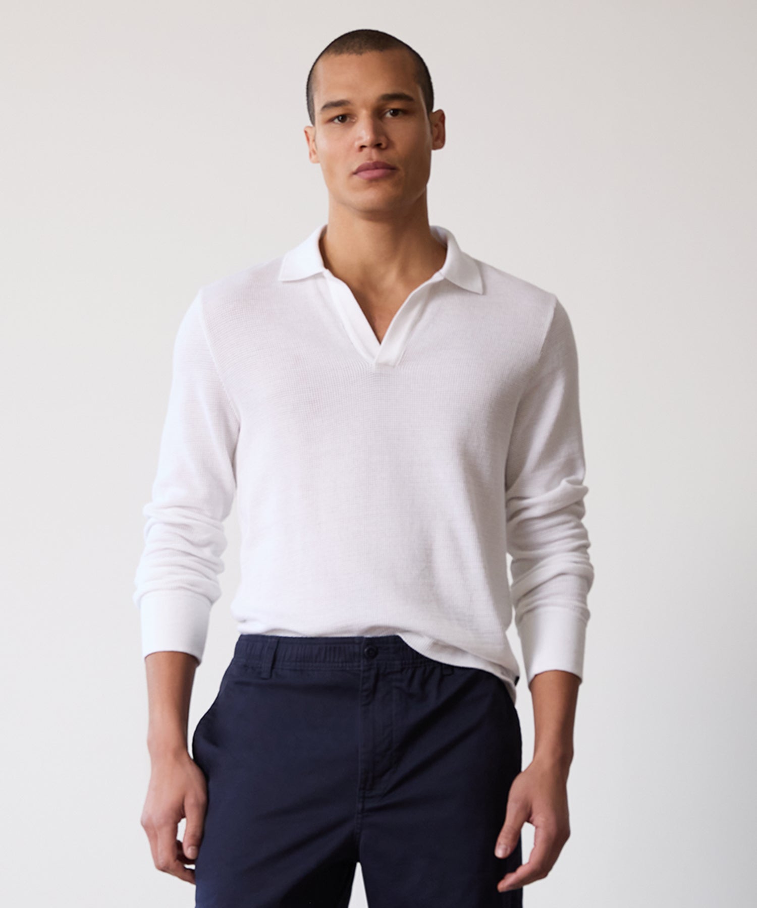 Long-Sleeve Mesh Polo in Alabaster