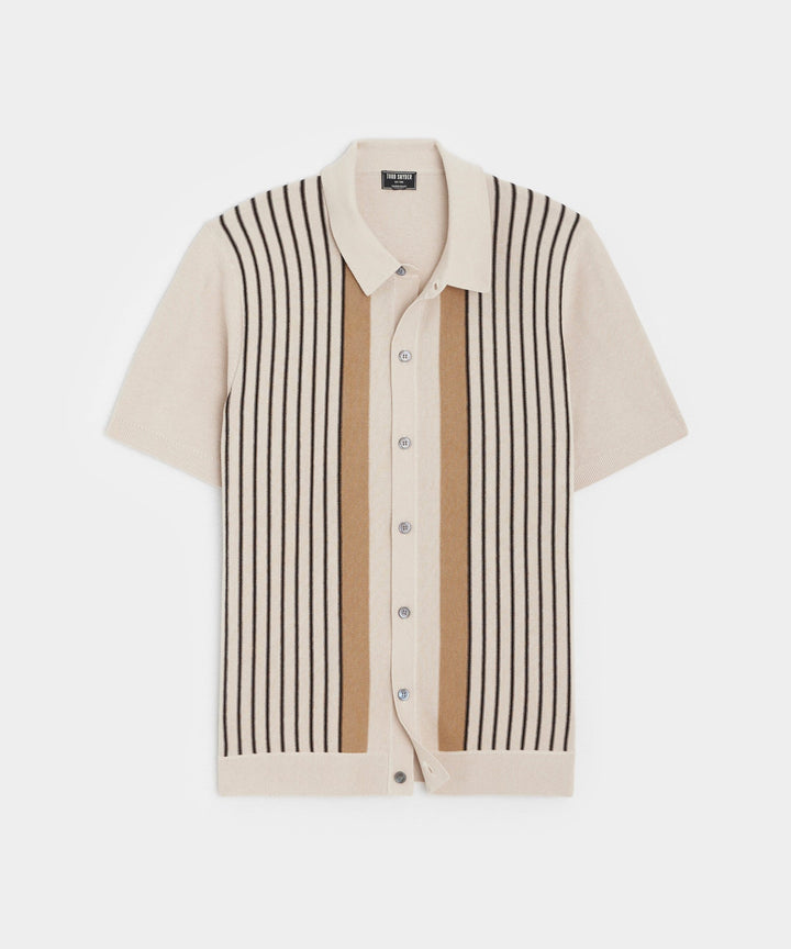 Silk-Cotton Striped Full-Placket Sweater Polo