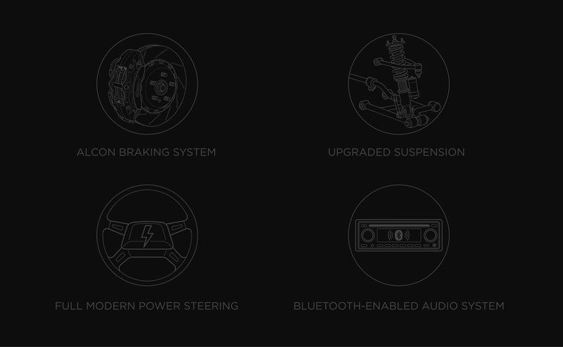 Blueprint diagrams featuring Alcon Braking System, Upgraded Suspension, Full Modern Power Steering and Bluetooth-Enabled Audio System.
