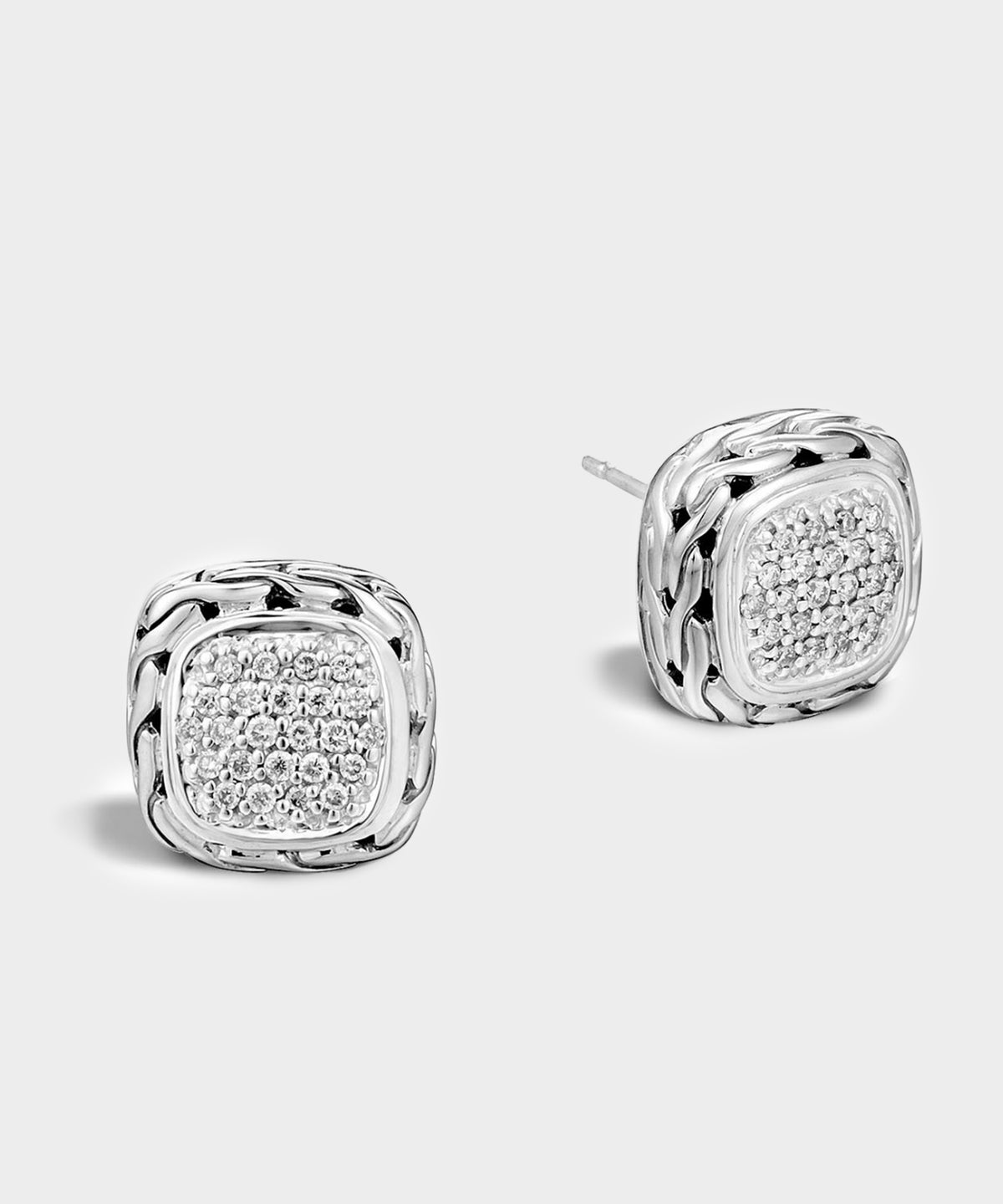 John Hardy Sterling Silver Carved Chain Stud Earring with Diamonds