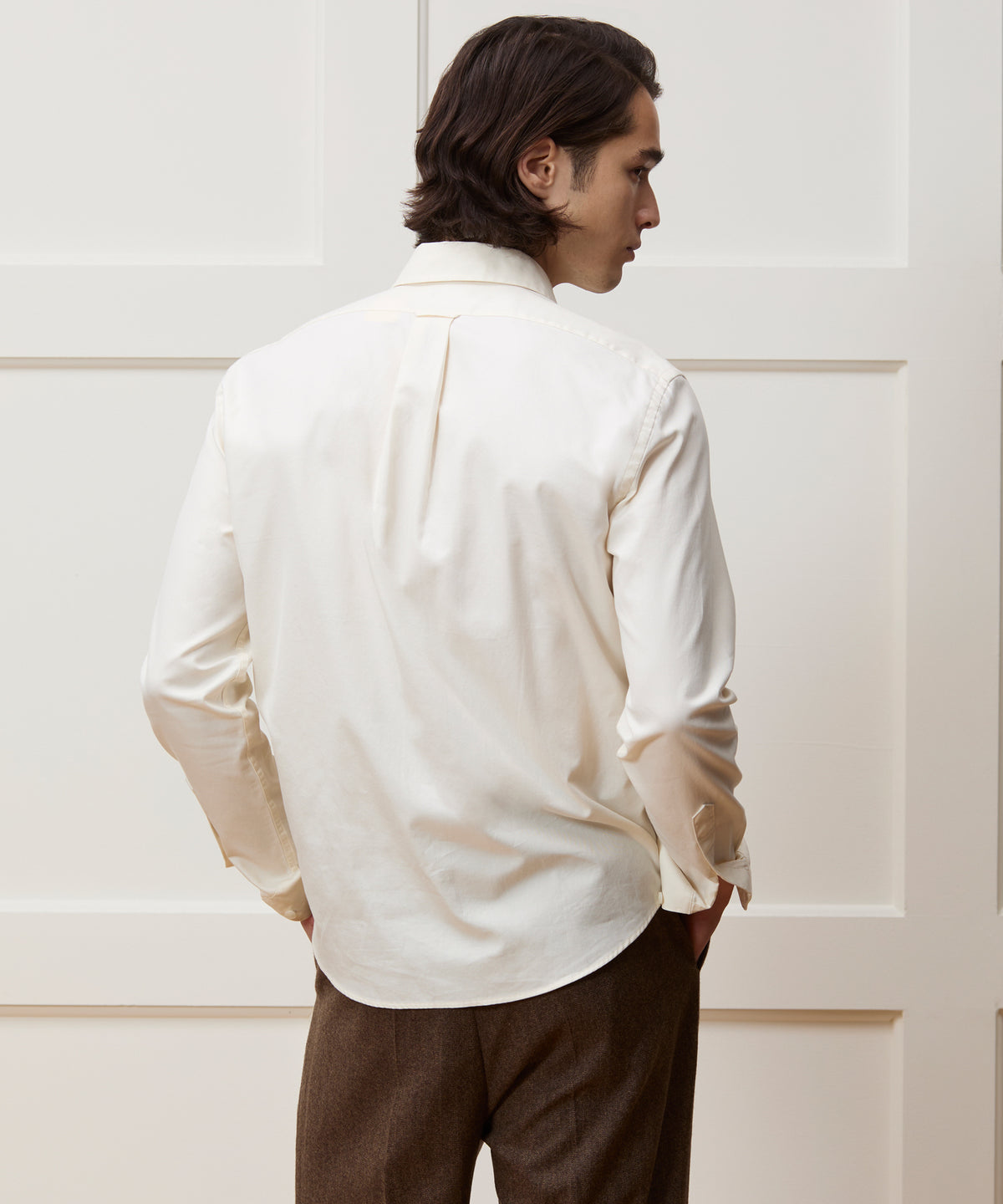 Men's Cotton Twill Long Point Collar Shirt in Ivory, Size XL
