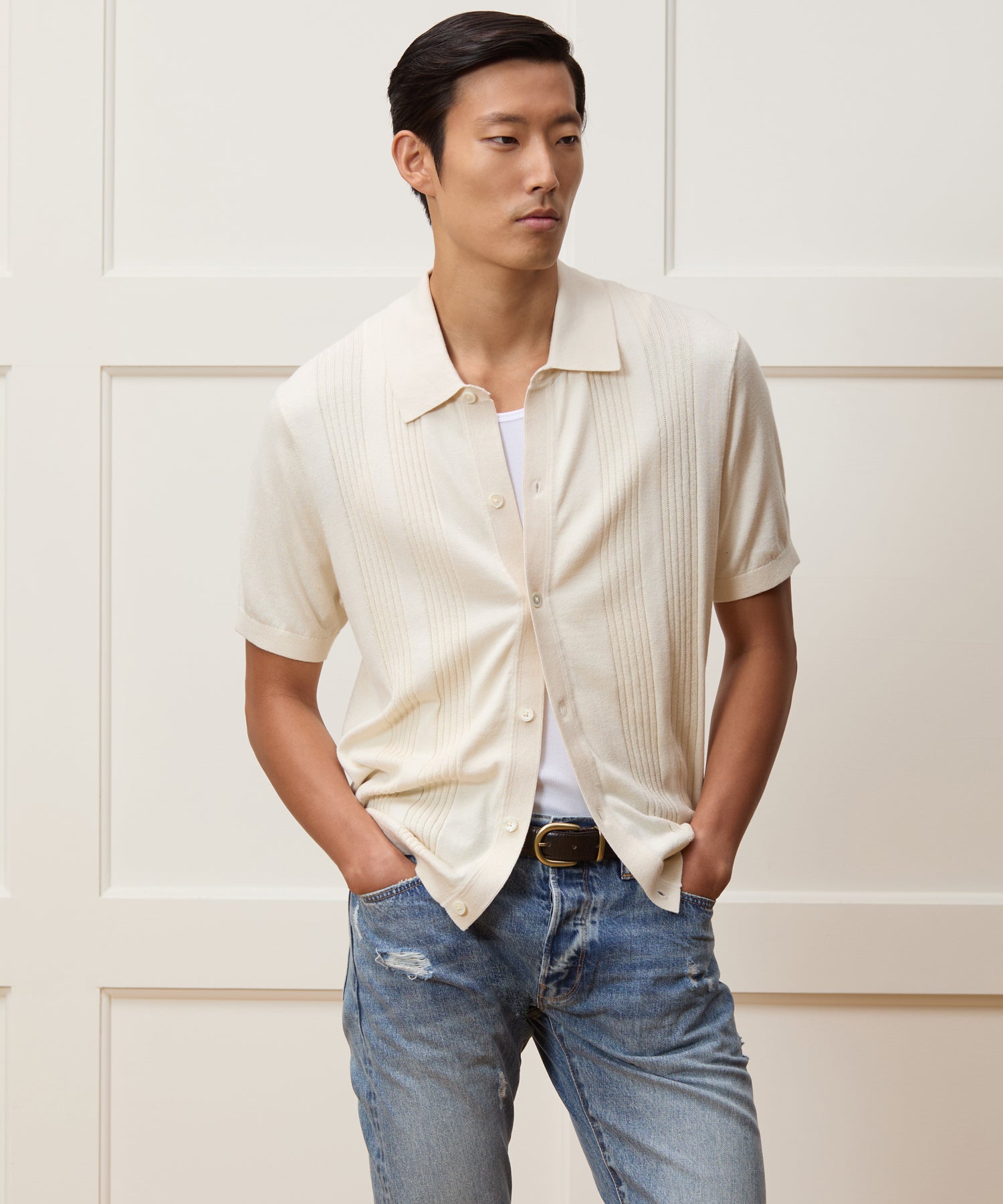 Silk-Cotton Ribbed Full Placket Sweater Polo in Off White – Todd