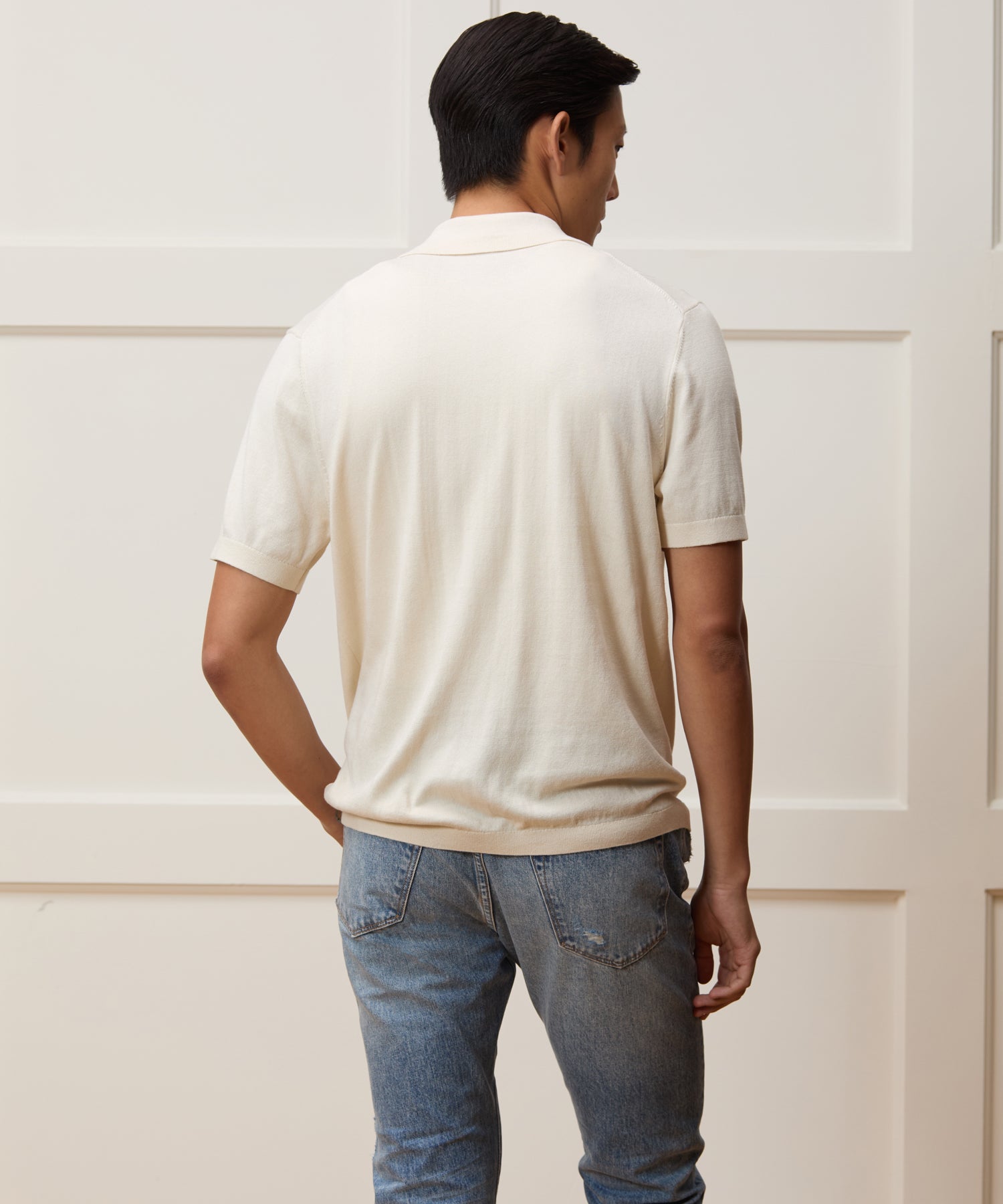 Silk-Cotton Ribbed Full Placket Sweater Polo in Off White – Todd