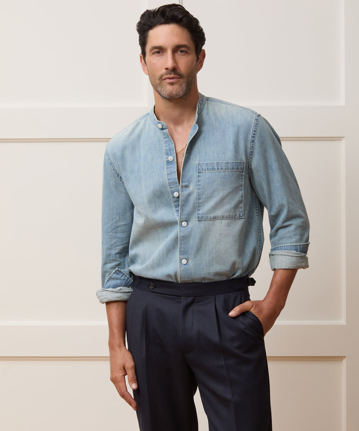 Relaxed Denim Band Collar Shirt
