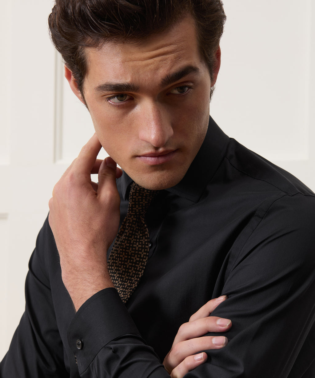 black satin dress shirt men Men's Slim Cotton-Silk Spread Collar in Black, Size 15.5 and features a spread MasterSku:KA6E62W3 City Studios Juniors' Sheer-Long-Sleeve Size:Pre-order to RENT