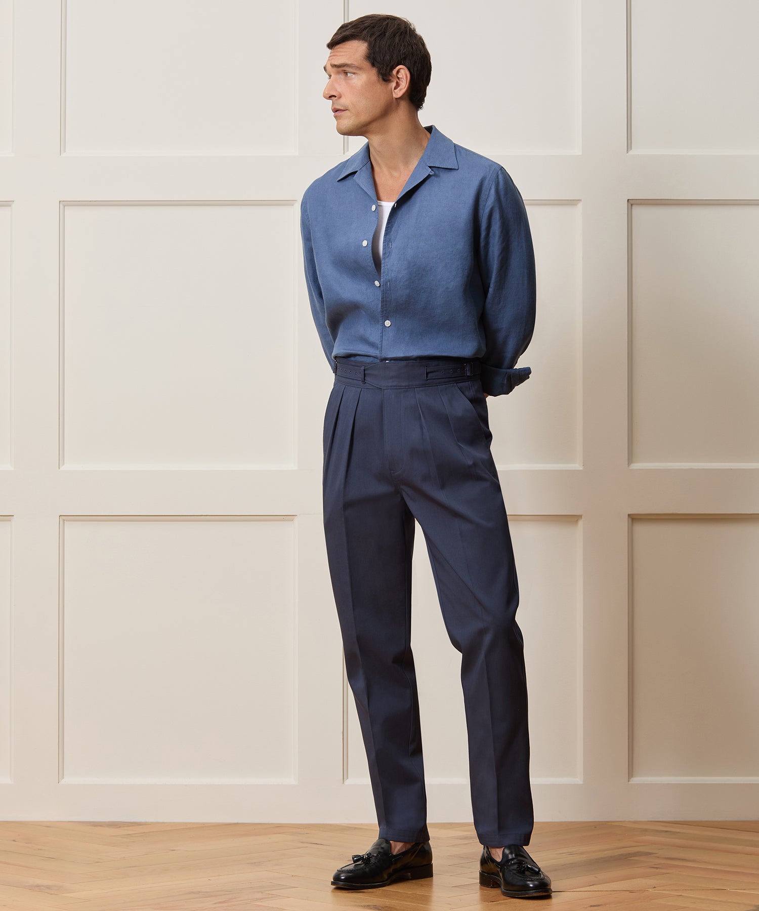 Cropped Sea Soft Irish Linen Camp Collar Shirt in Denim Blue