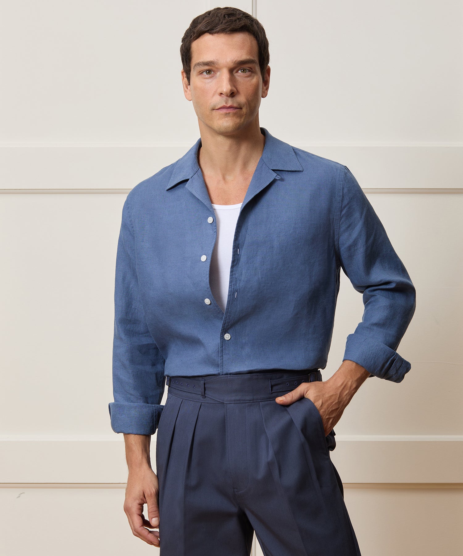 Cropped Sea Soft Irish Linen Camp Collar Shirt in Denim Blue