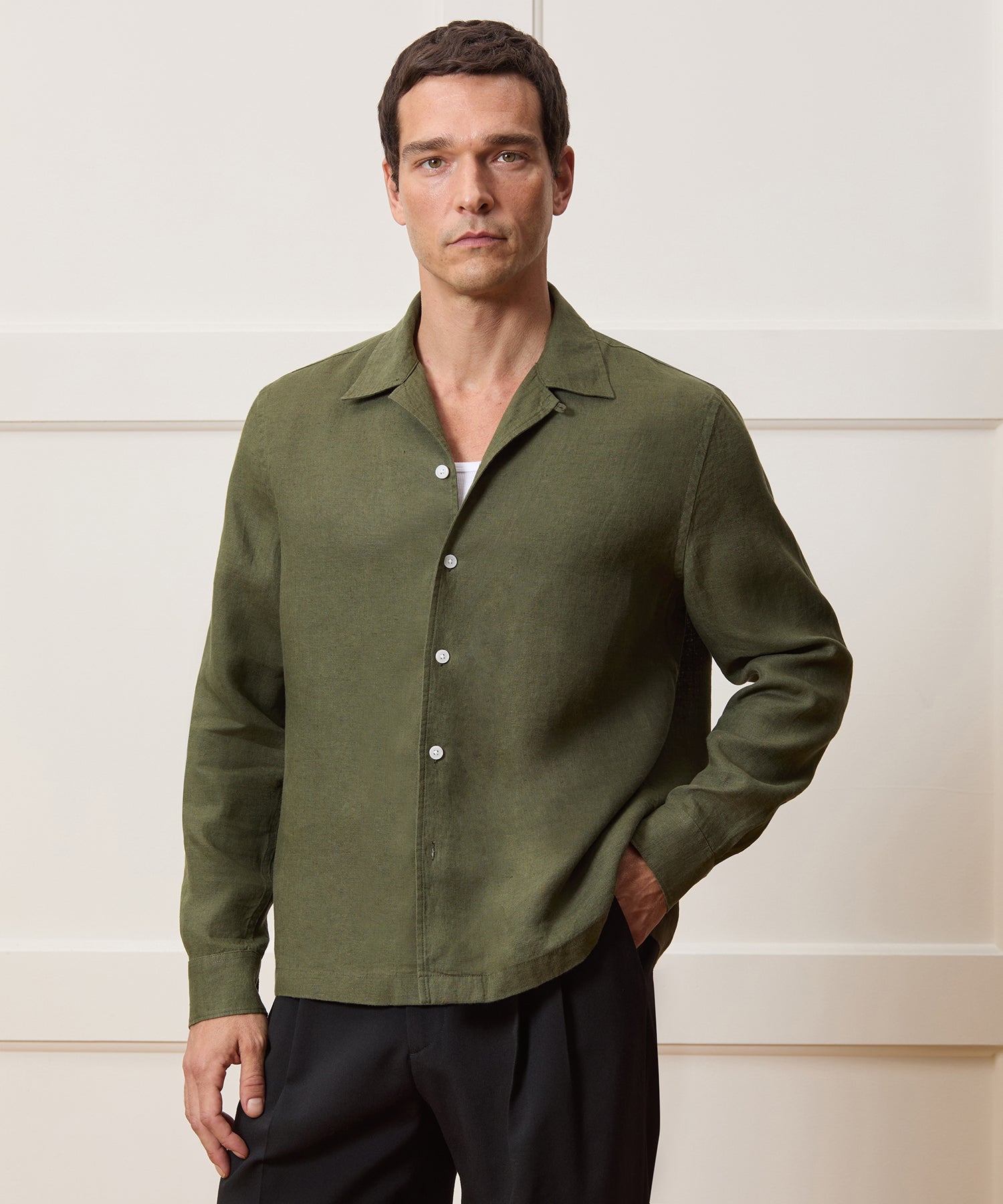 Cropped Sea Soft Irish Linen Camp Collar Shirt in Desert Olive