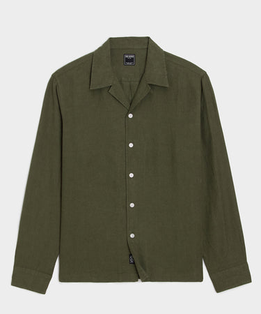 Cropped Sea Soft Irish Linen Camp Collar Shirt in Desert Olive