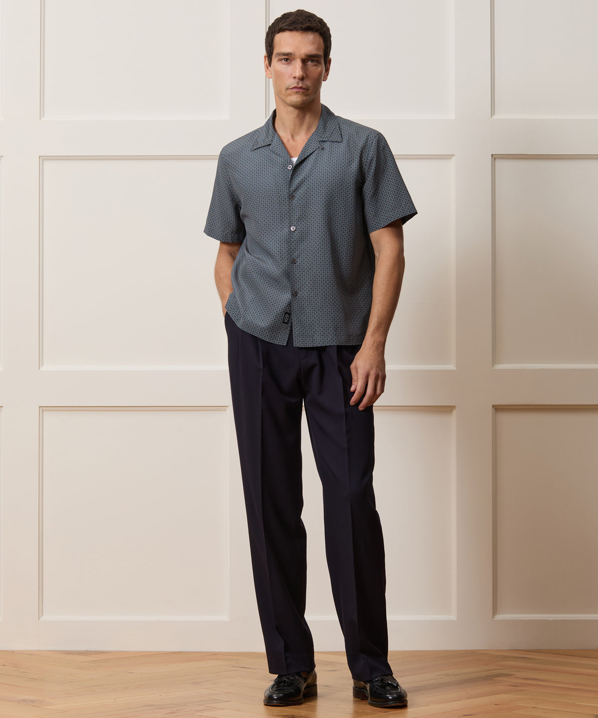 Cropped Silk Geo Camp Collar Shirt