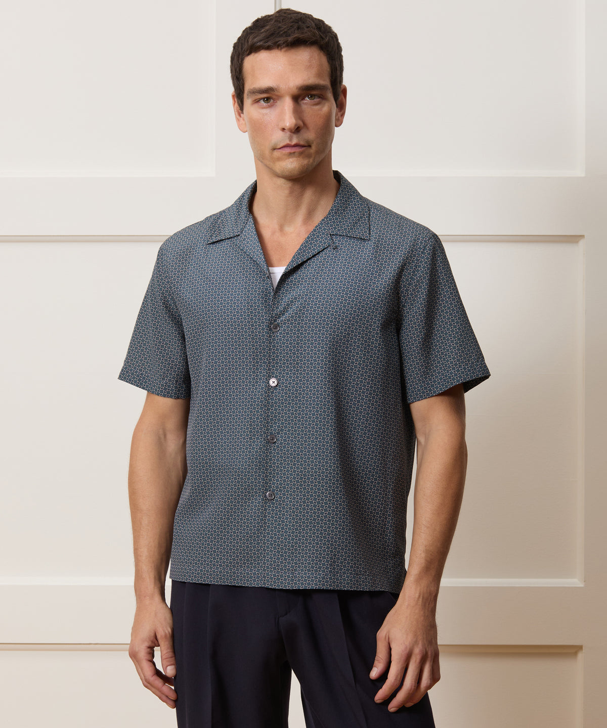 Cropped Silk Geo Camp Collar Shirt