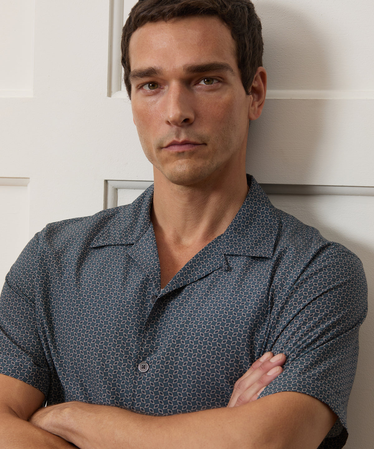 Cropped Silk Geo Camp Collar Shirt