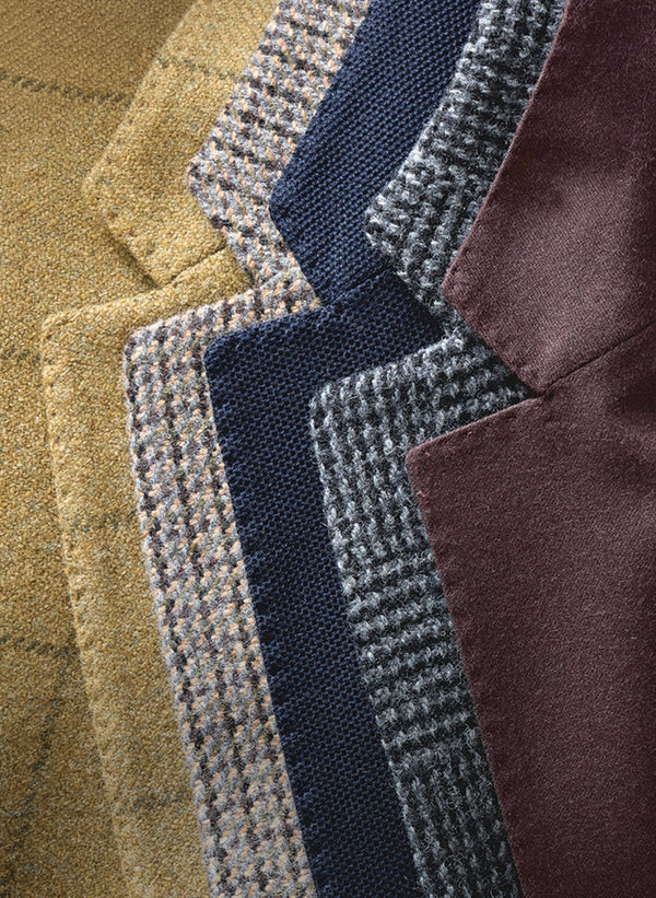 5 different patterns of tweed are shown on jacket collars.