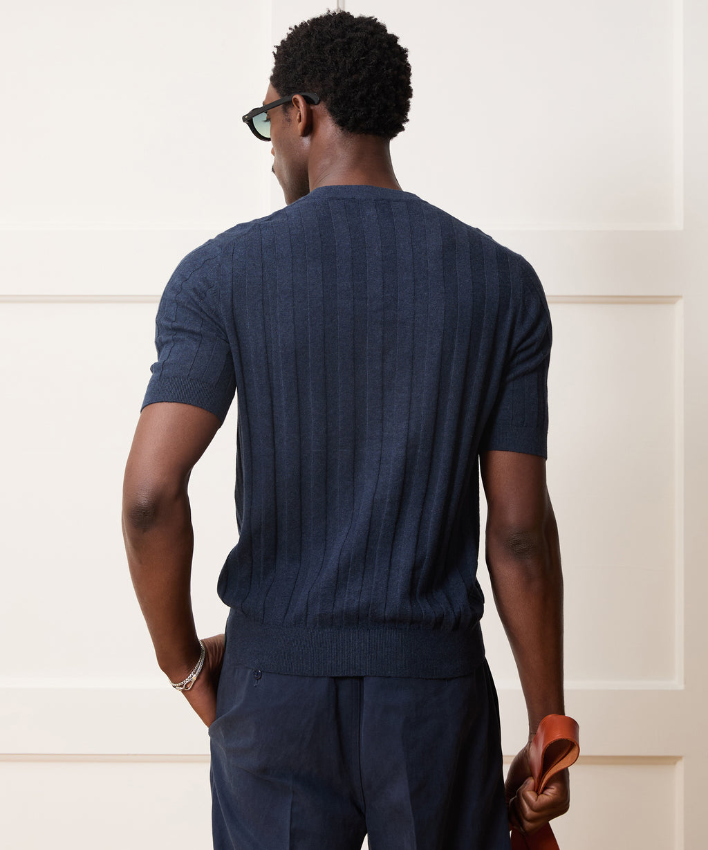 Ribbed Linen-Cotton Henley Sweater