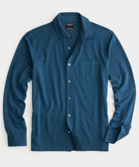 Long-Sleeve Full-Placket Pique Polo in Dark Teal