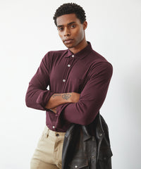 Long-Sleeve Full-Placket Pique Polo in Mulberry