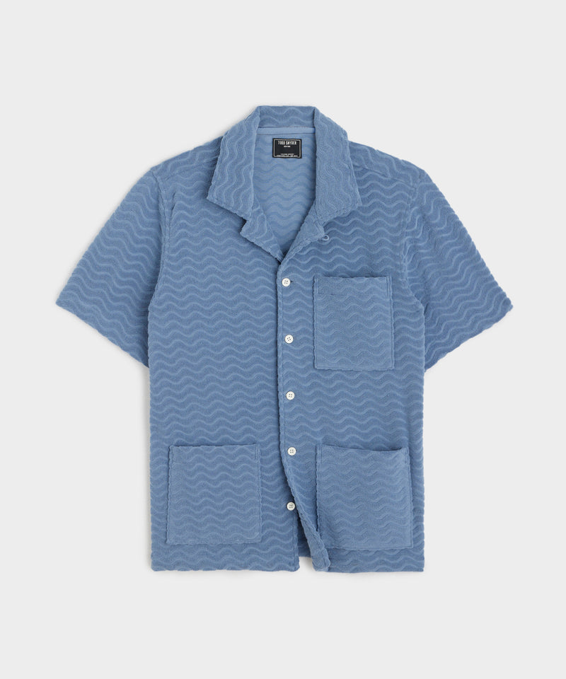 Wave Jacquard Terry Guayabera Polo Shirt in Steel Blue