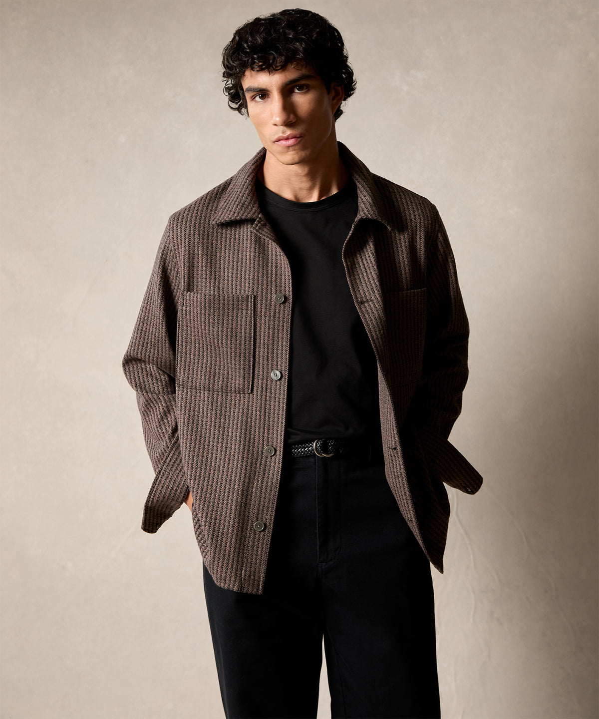 Double Knit Striped Overshirt in Vintage Brown