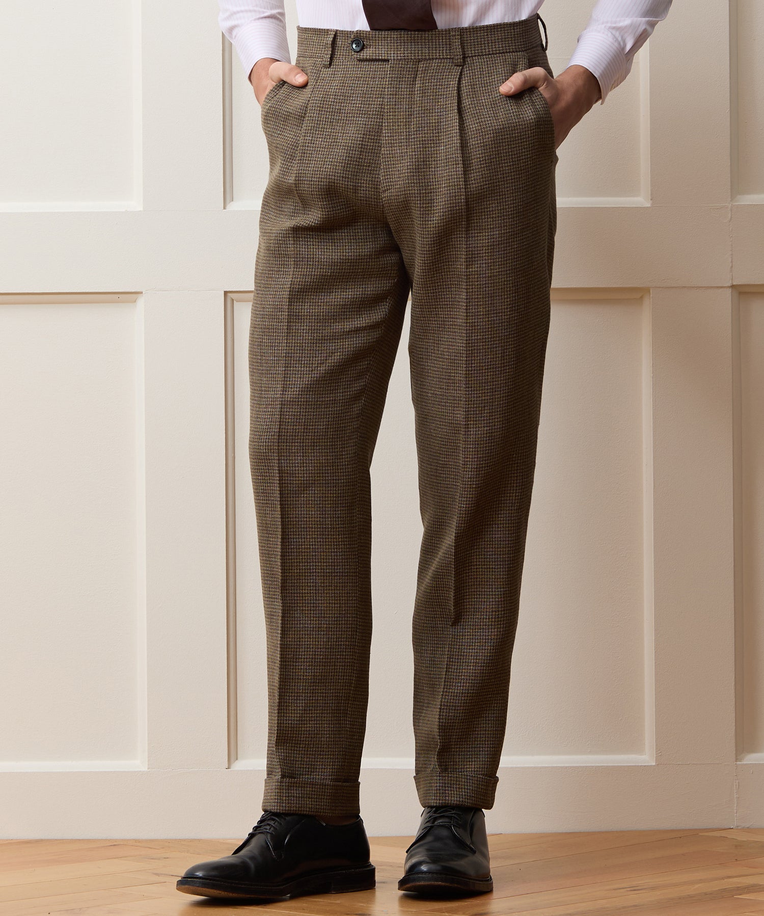 パンツ HARVESTY :LINEN HOUNDSTOOTH CIRCUS PANTS Italian Linen Houndstooth Madison Trouser in Tan Houndstooth