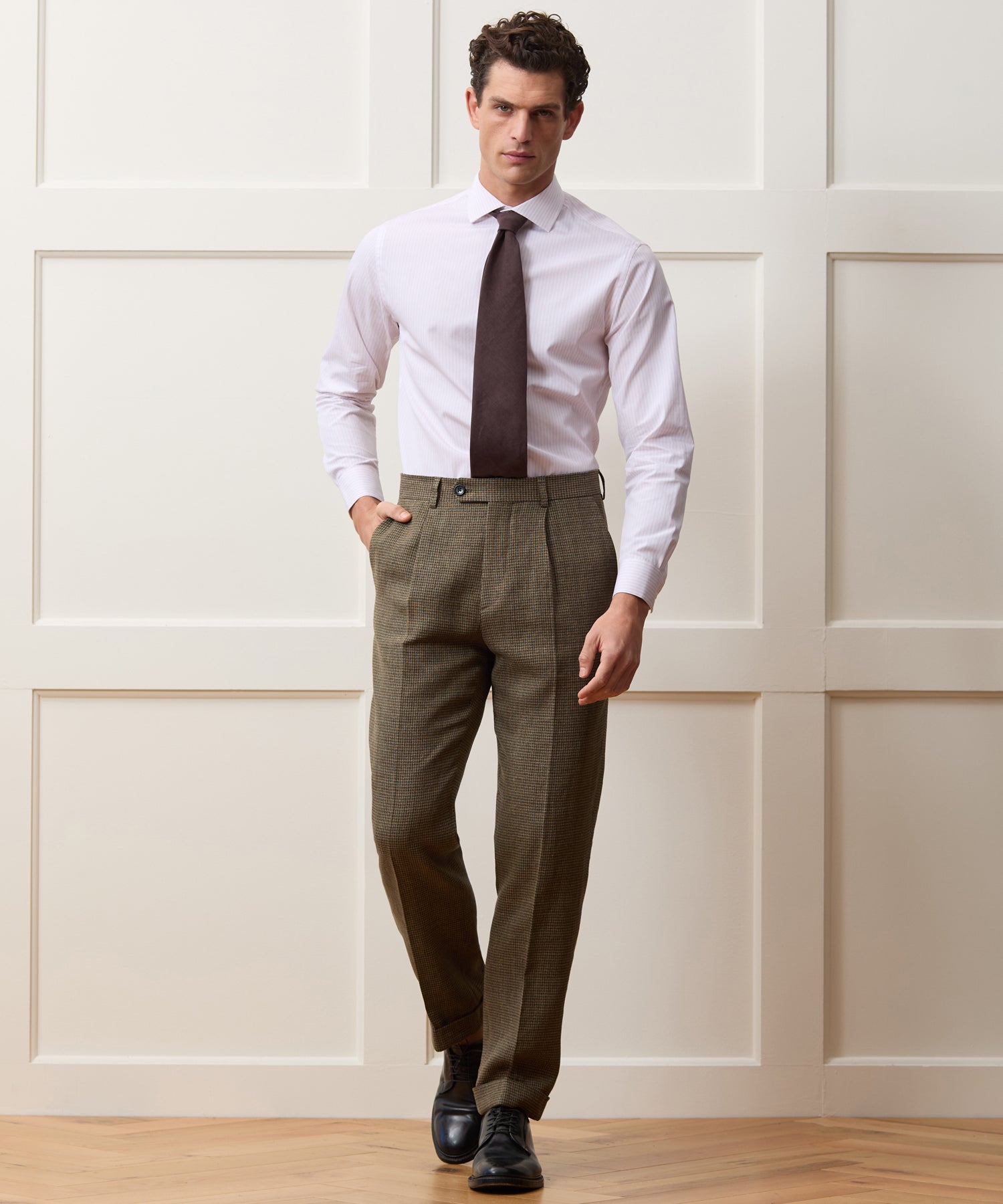 Italian Linen Houndstooth Madison Trouser in Tan Houndstooth