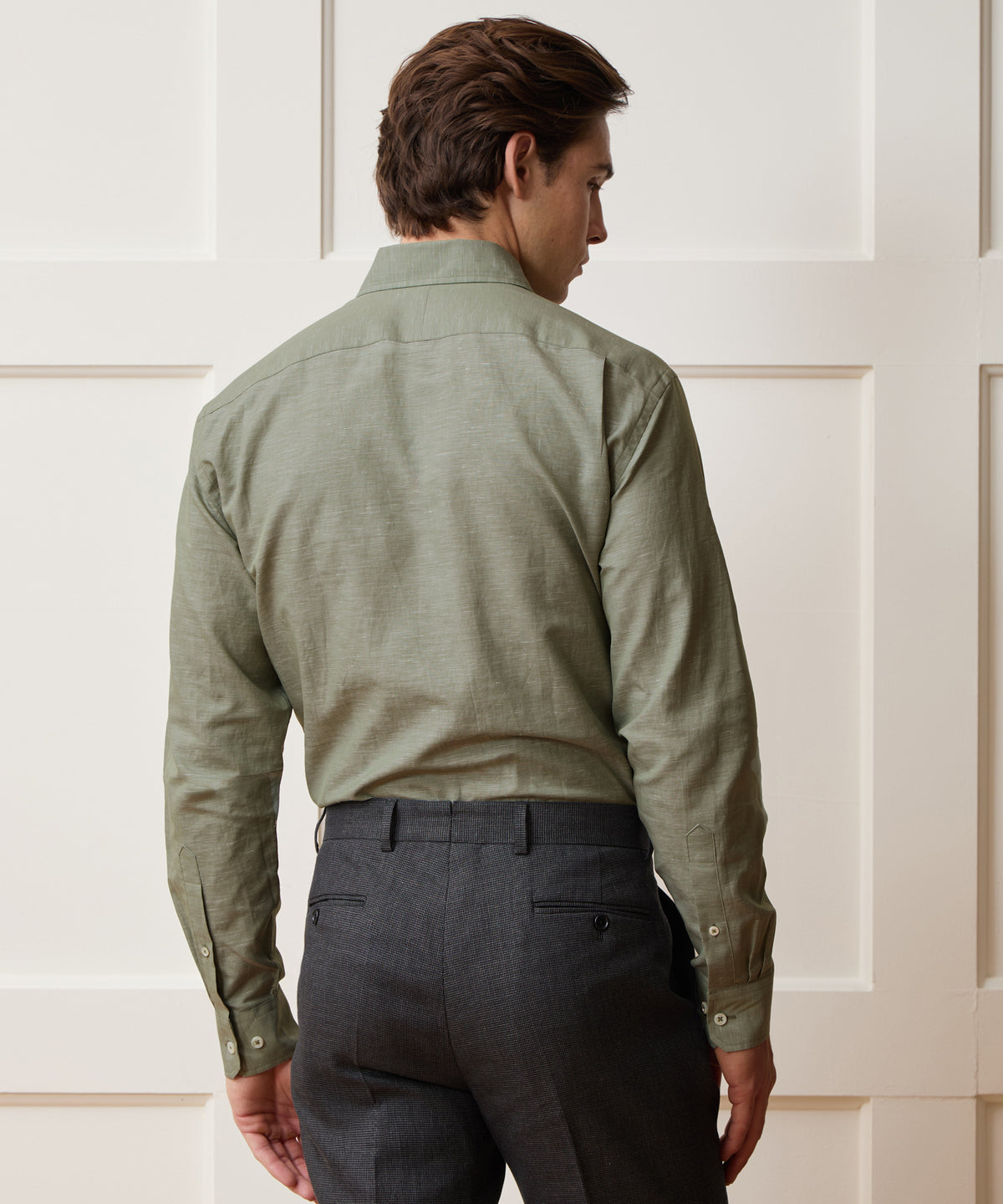 green dress shirt grey pants Men's Italian Cotton-Linen Long Point Collar in Olive, Size 17.5 light green shirt matching pant
