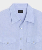 Close-up detail of the Todd Snyder Linen Western Shirt in Blue.
