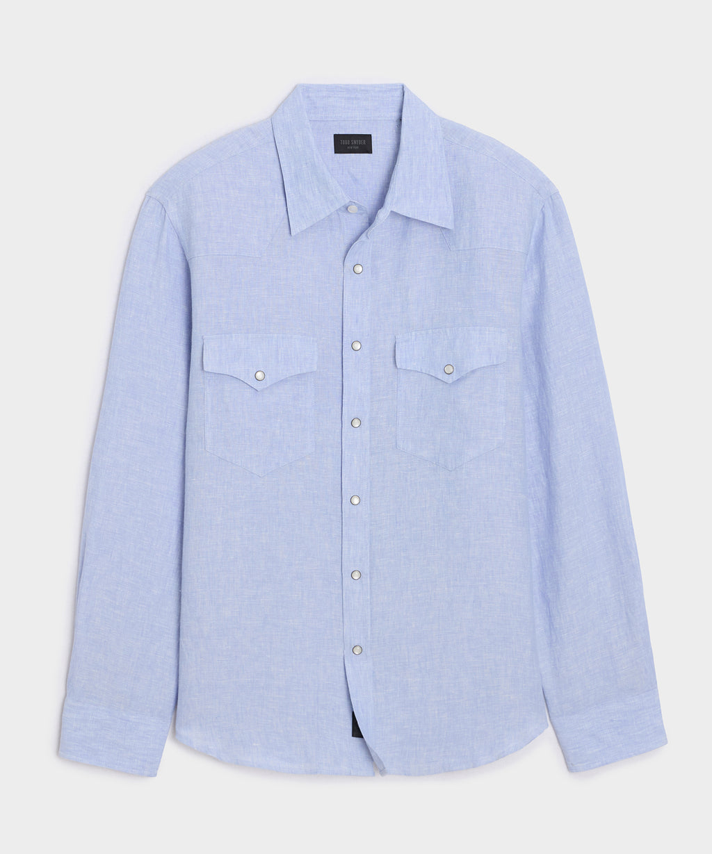 Flat lay of the Todd Snyder Linen Western Shirt in Blue.