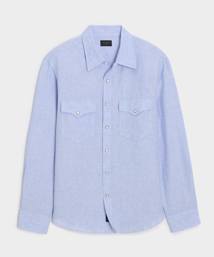 Flat lay of the Todd Snyder Linen Western Shirt in Blue.