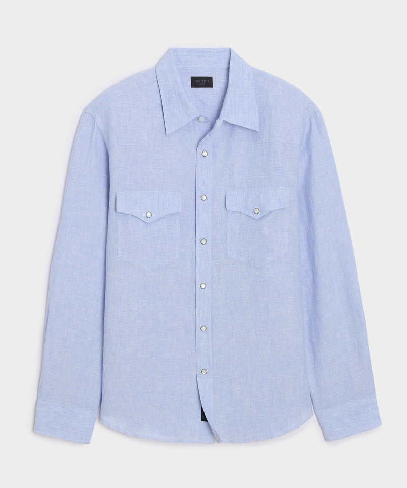 Flat lay of the Todd Snyder Linen Western Shirt in Blue.
