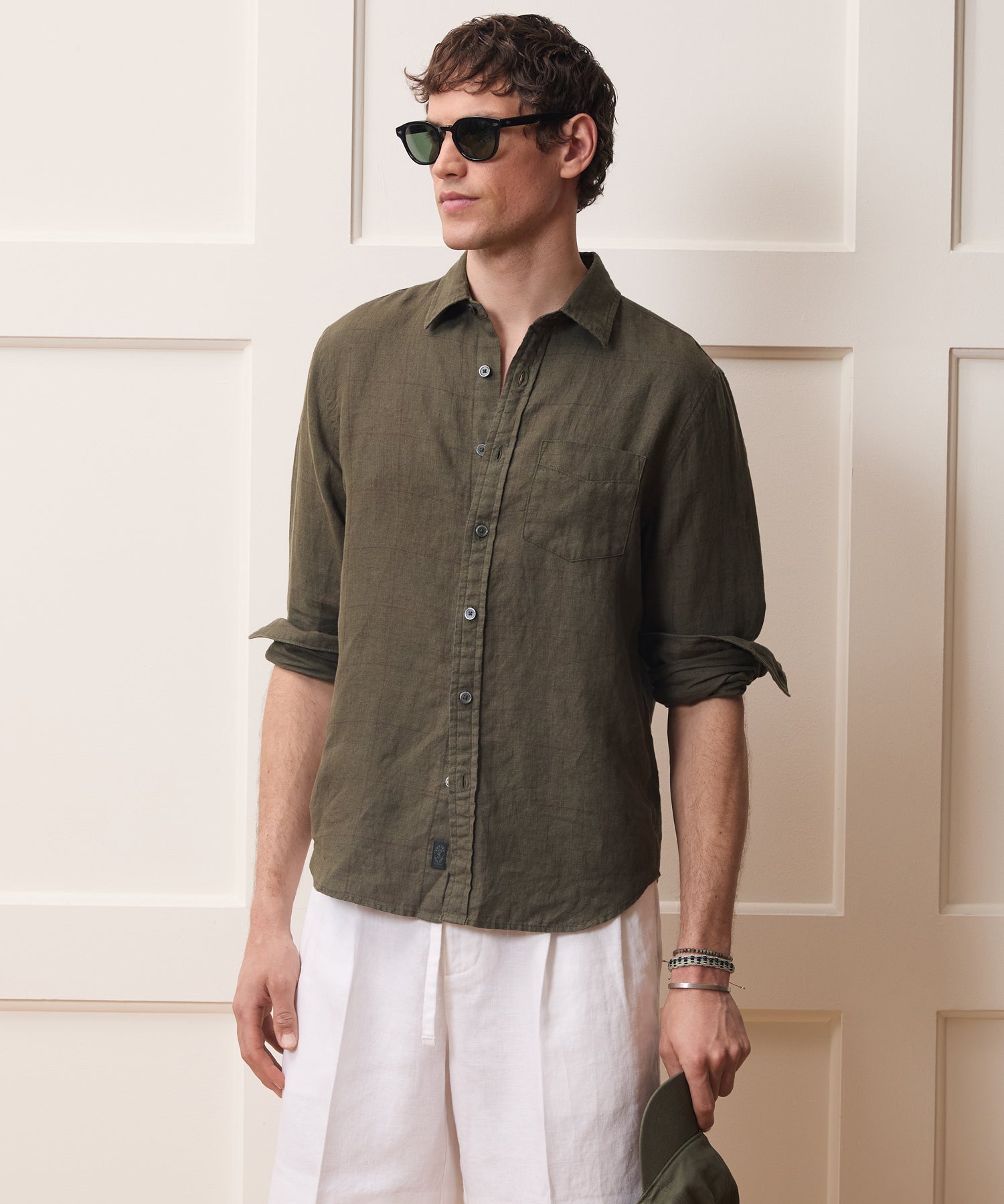 Slim Sea Soft Linen Point Collar Shirt in Olive Windowpane – Todd