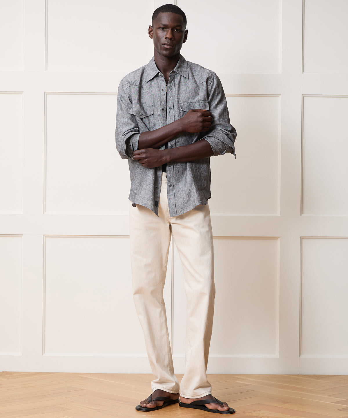Men's Linen Western Shirt in Black, Size L