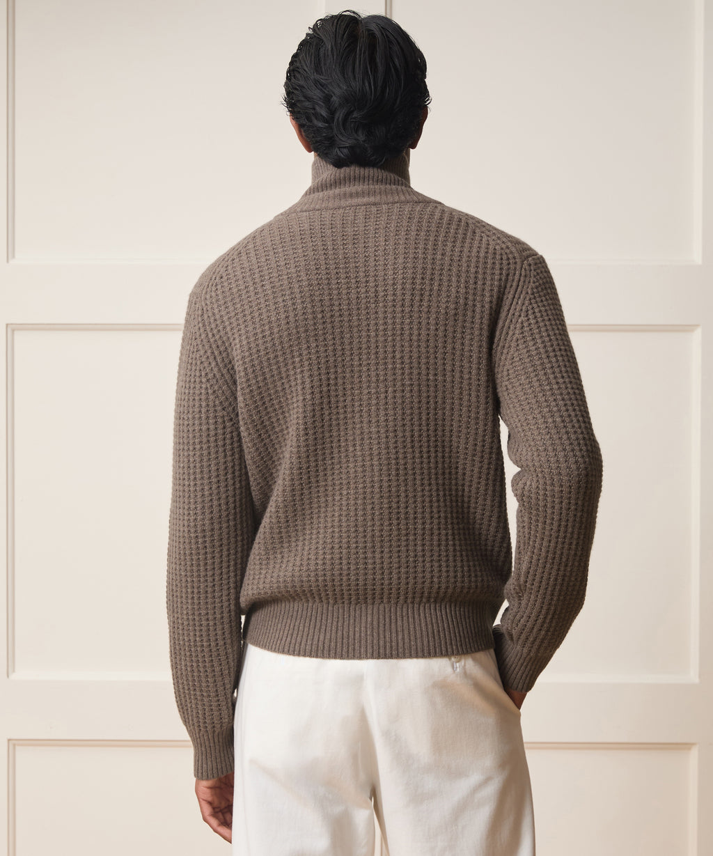 Waffle Cashmere Full-Zip Sweater