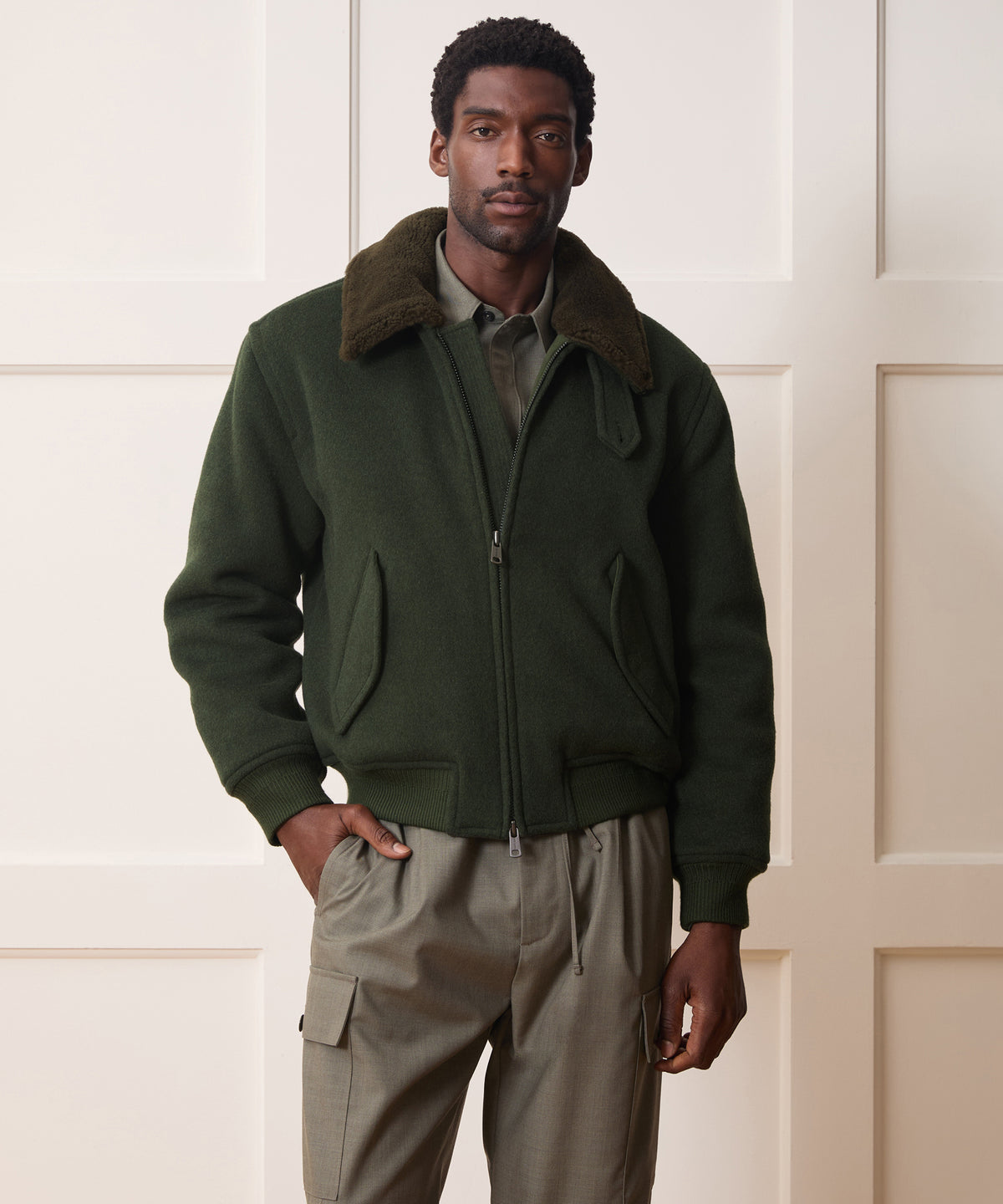 Shearling Collar Wool Bomber Jacket