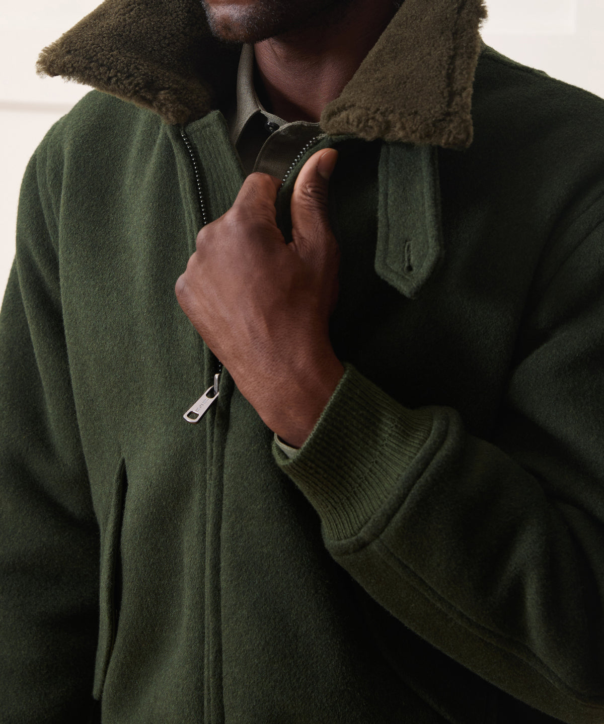 Shearling Collar Wool Bomber Jacket