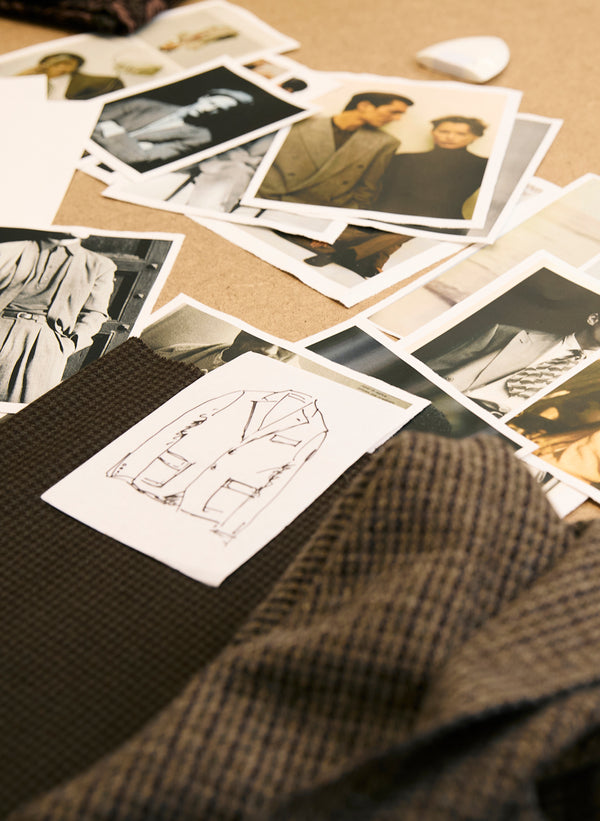 Swatches of textiles are shown, along with sketches of designs, showing the artistic process.