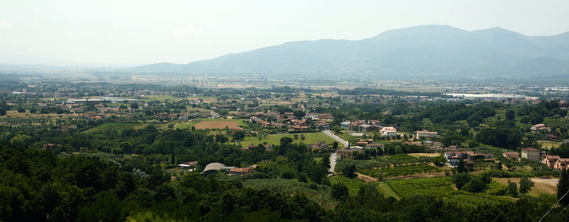 A Tuscan village is shown from an aerial view, showing the charm of Pellemoda.