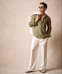 Sea Soft Linen Band Collar Long Sleeve Shirt in Faded Surplus
