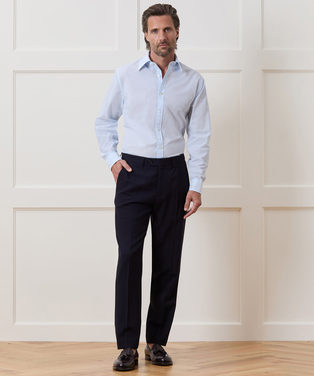 Seersucker Long Point Collar Dress Shirt