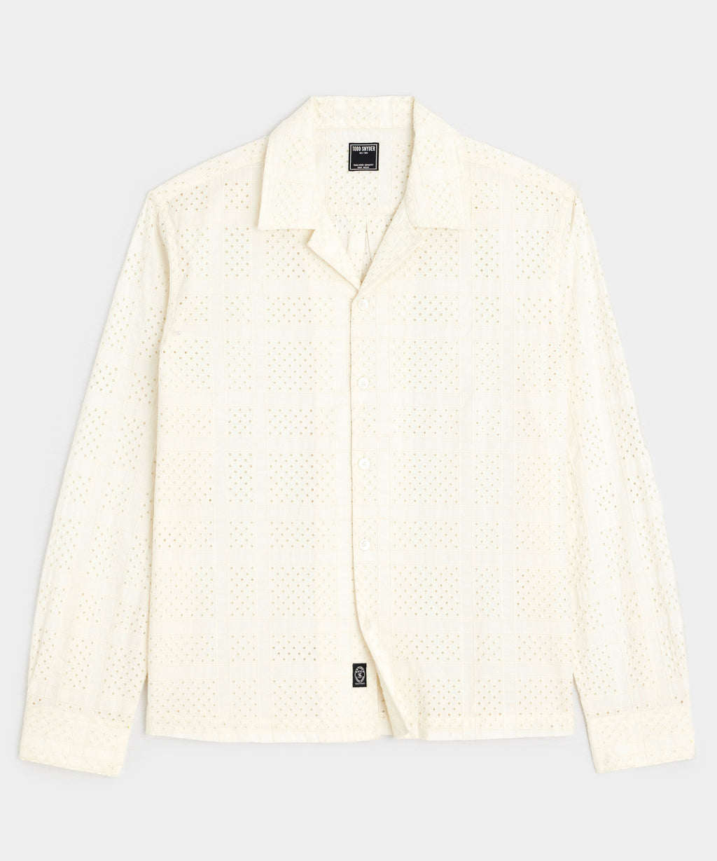 Cropped Embroidered Eyelet Camp Collar Shirt