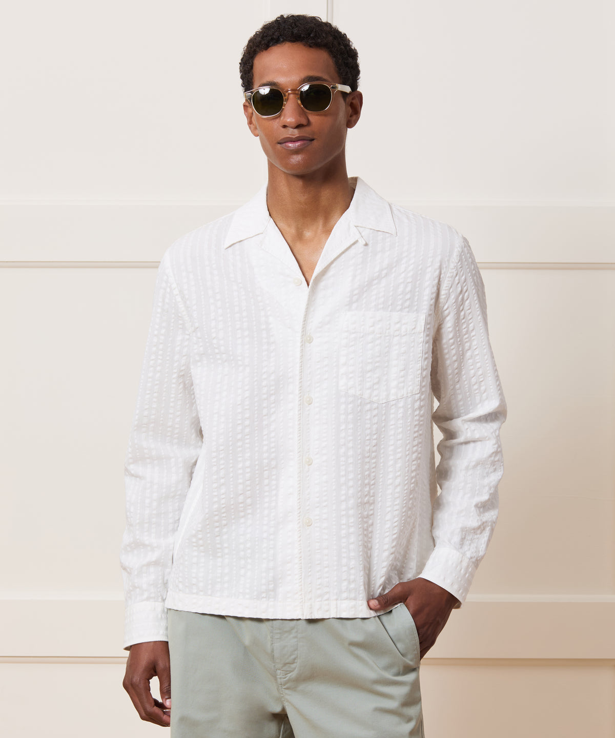 Cropped Seersucker Camp Collar Shirt