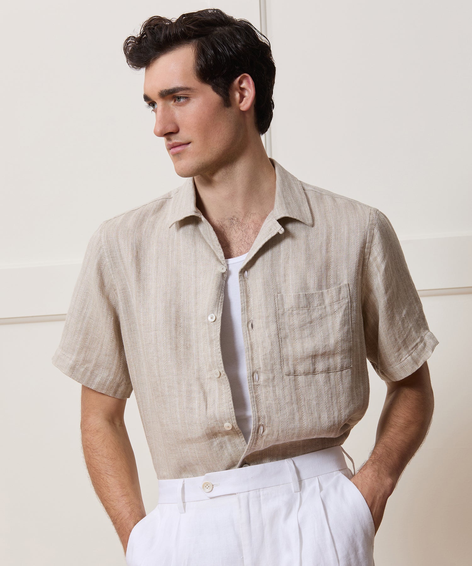Cropped Linen Camp Collar Shirt in Desert Beige – Todd Snyder