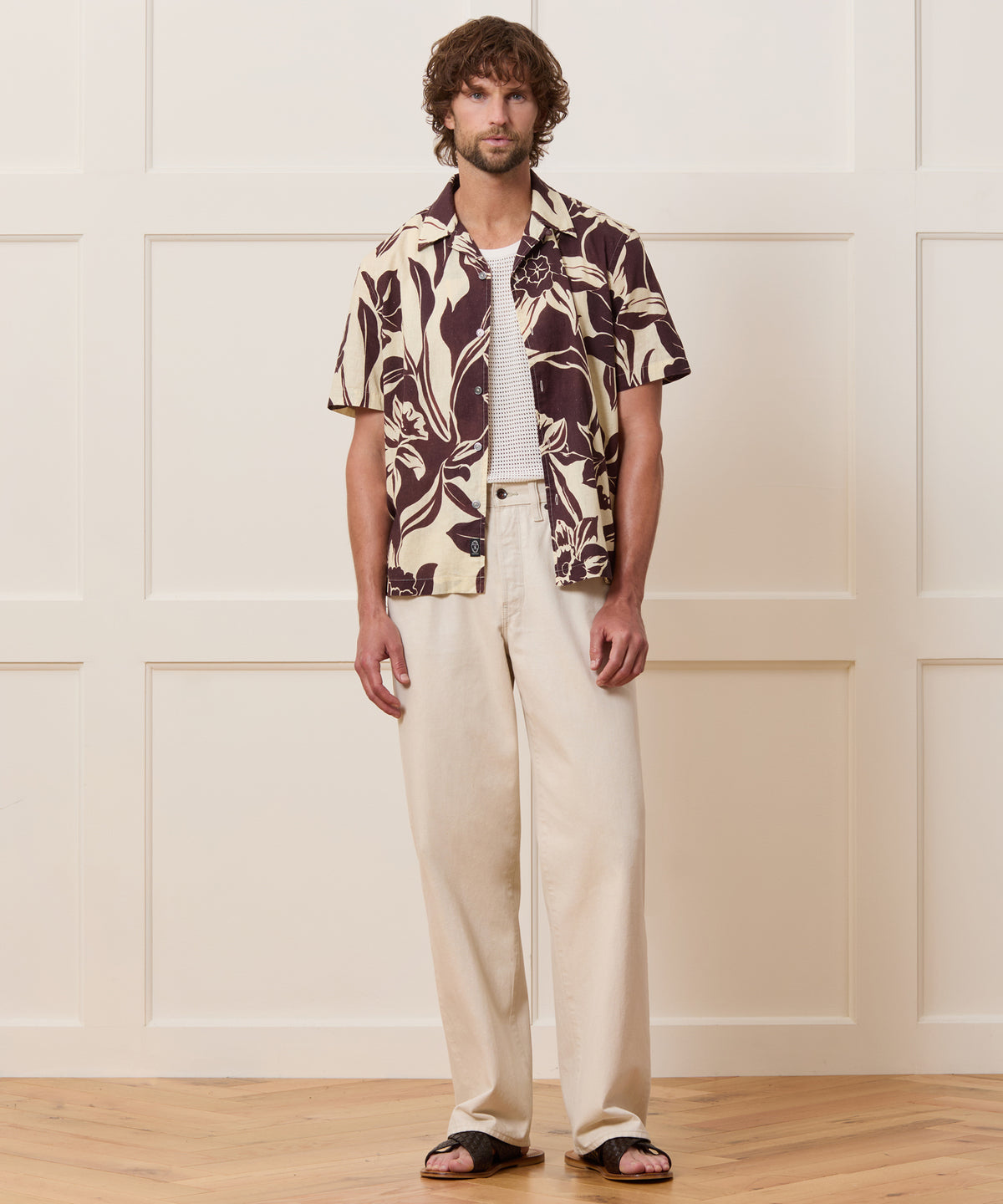 Cotton-Linen Floral Camp Collar Shirt