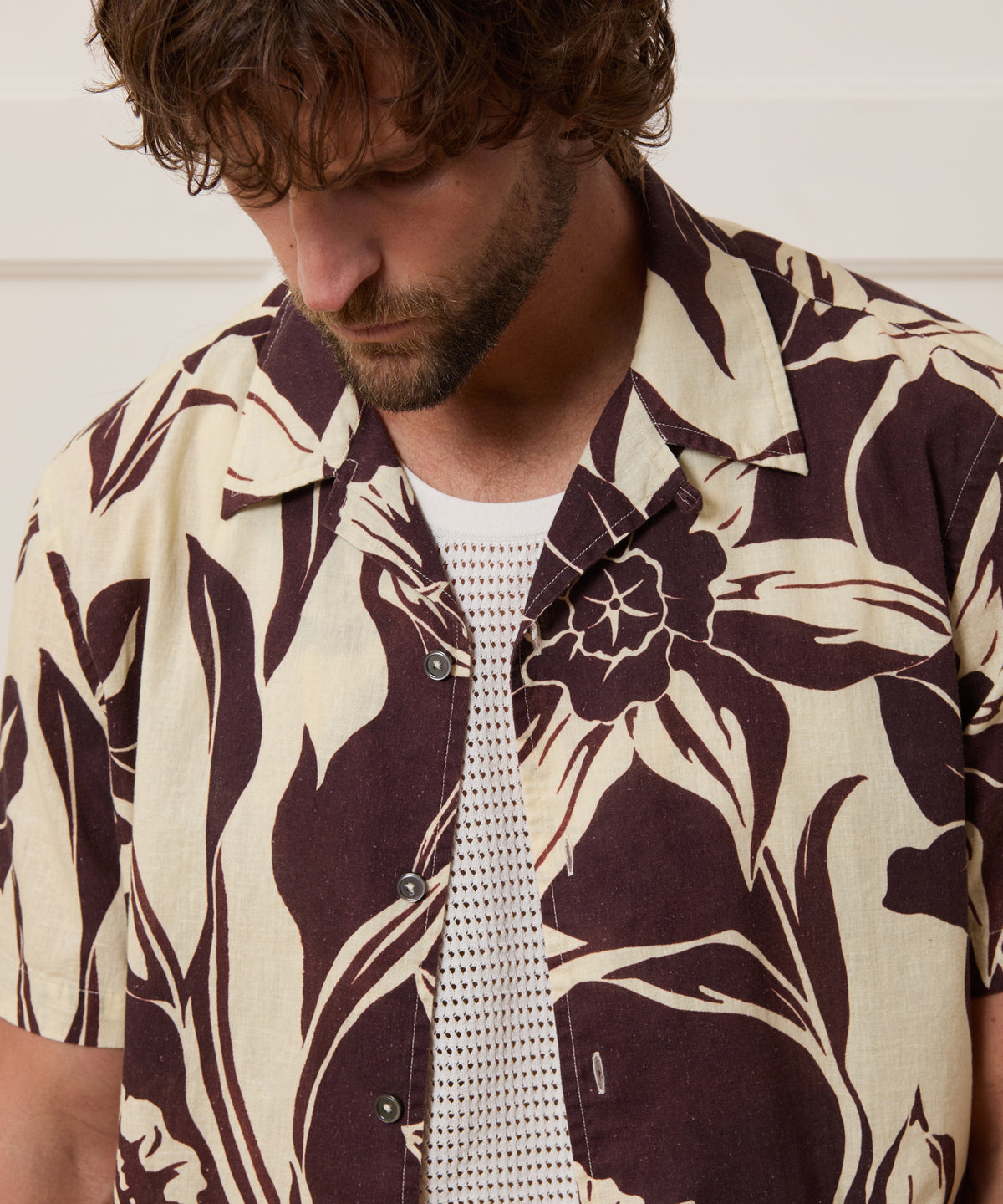 Cotton-Linen Floral Camp Collar Shirt