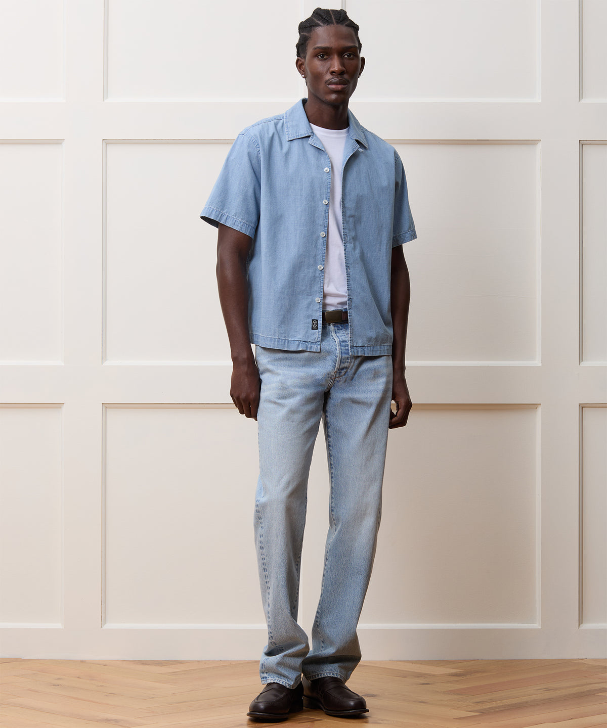 Cropped Chambray Camp Collar Shirt