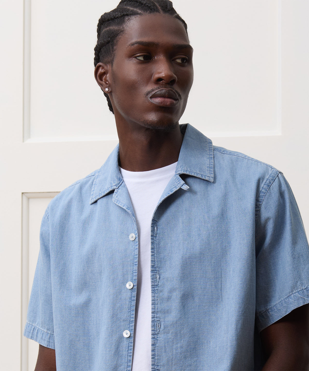 Cropped Chambray Camp Collar Shirt