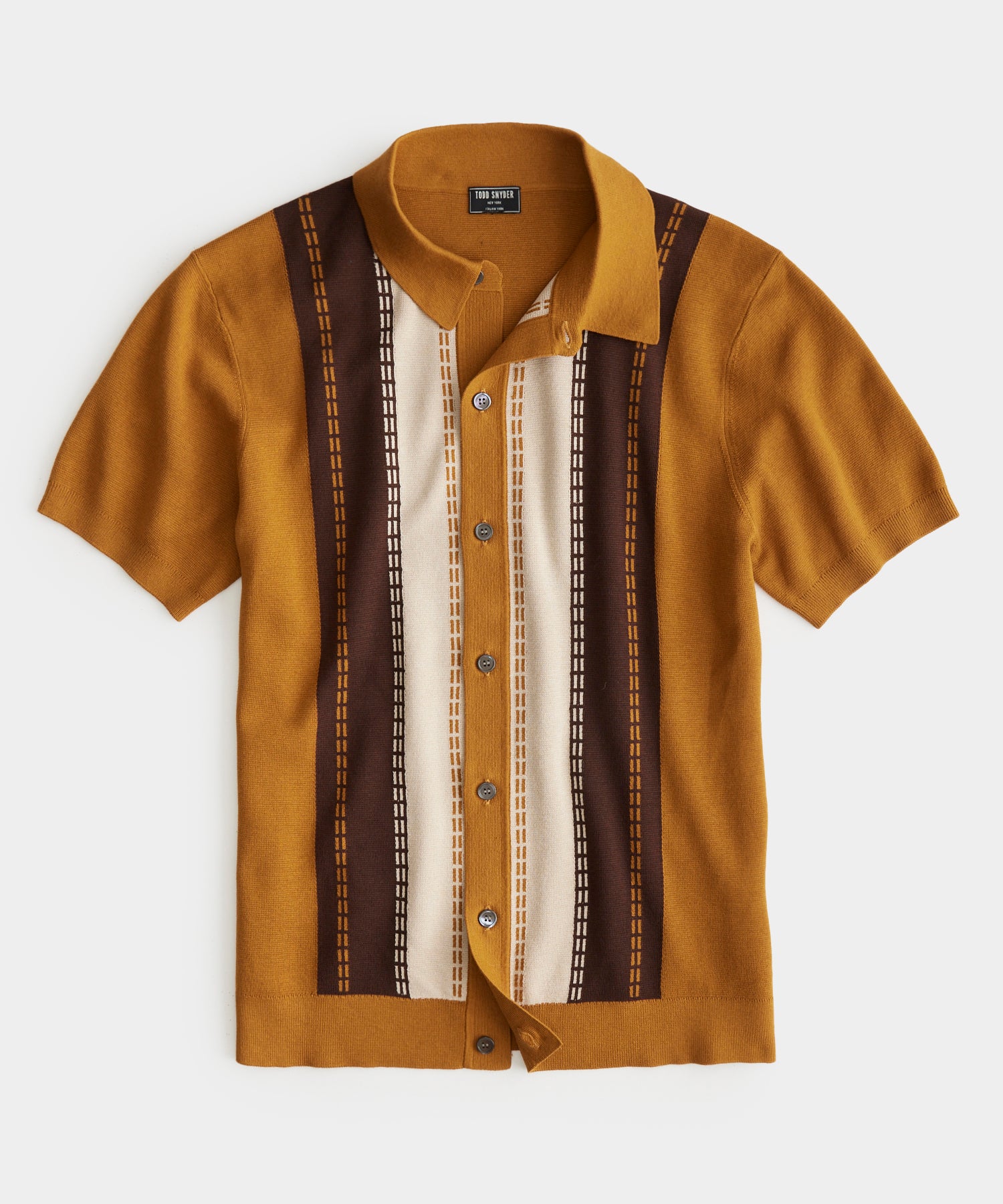 Vertical Stripe Full-Placket Polo in Old Gold