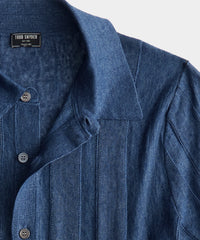 Linen Textured Stripe Full-Placket Polo in Weathered Blue